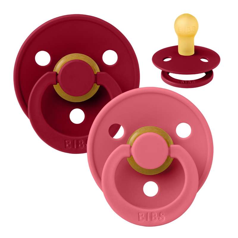 BIBS Round Colour Pacifier - 2-Pack - Size 1 - Natural rubber - Coral/Ruby