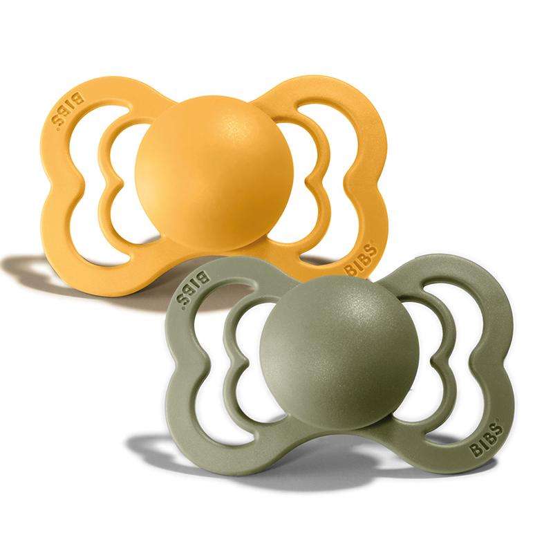 BIBS Supreme Pacifier - 2-Pack - Size 1 - Silicone - Honey Bee/Olive