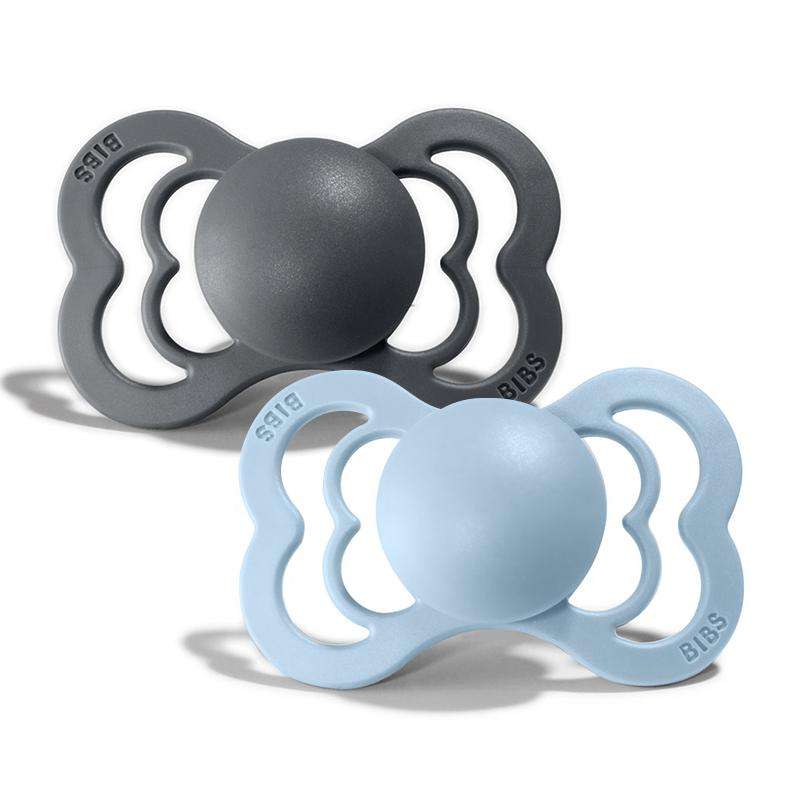 BIBS Supreme Pacifier - 2-Pack - Size 1 - Silicone - Iron/Baby Blue